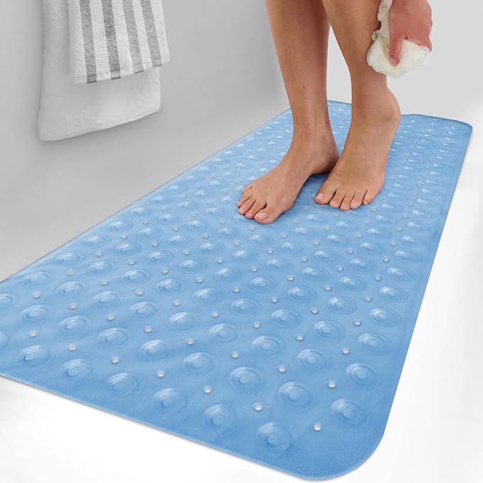 LUX Décor Non-Slip Bathtub Mat, Extra Large 40x16 Inches – Anti-Slip Safety Shower Mat with Suction Cups & Drain Holes – Machine Washable Bath Mat – Clear Blue