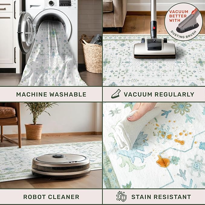 Hazo Haus Washable Oushak 2x6 Bathroom Runner Rug, Eclectic Boho Floral Pastel, Non Slip Low Pile Stain Resistant Small Throw Rug for Bedroom, Laundry Room, Powder Room, Cream Green
