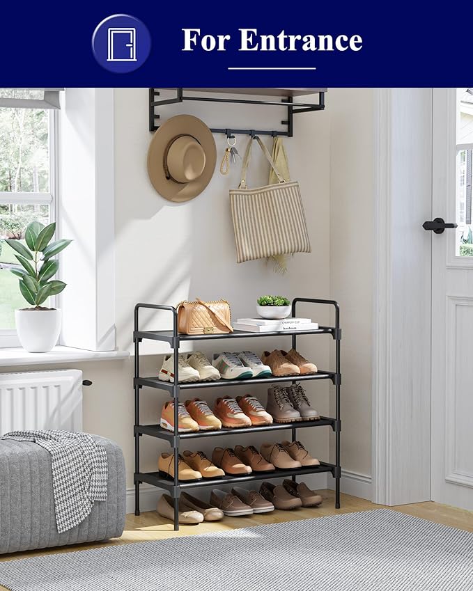 Kitsure Shoe Rack for Closet, Shoe Organizer for Front Door Entrance, Stackable Shoe Shelf, Detachable Closet Organizers and Storage, 26.6" Wide - 4 Tiers, Black