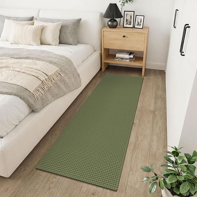 KOZYFLY Cotton 2x6 Washable Runner Rug, Non Slip Runners for Hallway, Woven Entryway Runner, Braided Floor Carpet Runner for Entry, Kitchen, Bedside, Hall, Olive Green/Earthy Green