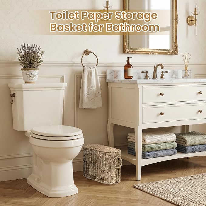 efluky Toilet Paper Storage Basket, Seagrass Slim Toilet Paper Holder with Lid- Holds Up to 9 Mega Rolls, Home Bathroom Decor Organizer
