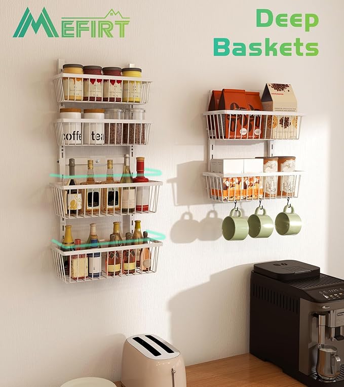 Mefirt White 12 Inch Wide Narrow Over The Door Pantry Organizer, Pantry Organization and Storage, 8-Tier Metal Hanging Deep Basket Wall Spice Rack Seasoning Shelves, Home & Kitchen Essentials