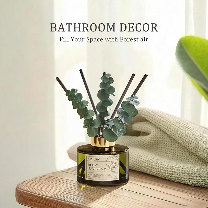 Airkeep Reed Diffuser Set with 6.76 fl oz Moss Eucalyptus Scent Essential Oils and 3 Leaves & 8 Diffuser Sticks,Bathroom Shelf Decor & Air Freshener, House Bedroom Office Decor & Gifts