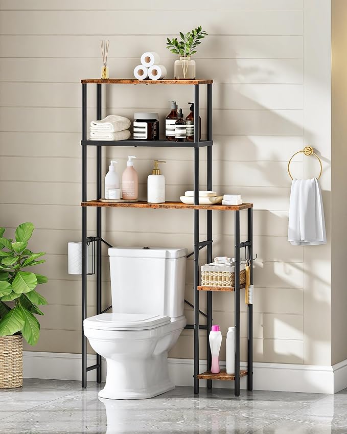 CHOEZON Over The Toilet Storage, 6-Tier Bathroom Organizer Shelf, Over-Toilet Storage Cabinet with Toilet Paper Hook, Space Saving, for Bathroom, Laundry, Entryway, Rustic Brown and Black TTS02BF