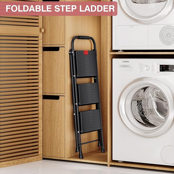 TOOLF 3 Step Ladder, Folding Step Stool with Anti-Slip Wide Pedals & Handrail, Safe-Lock Design, Portable Sturdy Steel Ladder Stool for Home & Kitchen – Black
