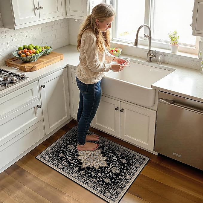 RELEANY Area Rugs Small 2'x3' Washable Non-Slip, Floral Vintage Distress Medallion Carpet for Kitchen Entryway Bathroom, Black Brown Neutral Dark Tan