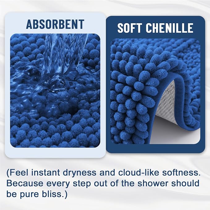 Grandaily Chenille Striped Bathroom Rugs 24x16, Extra Thick and Soft Absorbent Bath Mats, Rubber Backing, Plush Shaggy Shower Carpet, Machine Wash Dry, Bath Rug for Bathroom, Deep Navy Blue