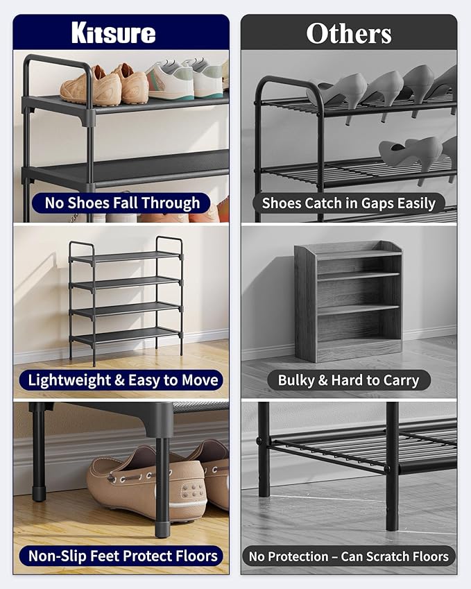 Kitsure Shoe Rack for Closet, Shoe Organizer for Front Door Entrance, Stackable Shoe Shelf, Detachable Closet Organizers and Storage, 26.6" Wide - 4 Tiers, Black