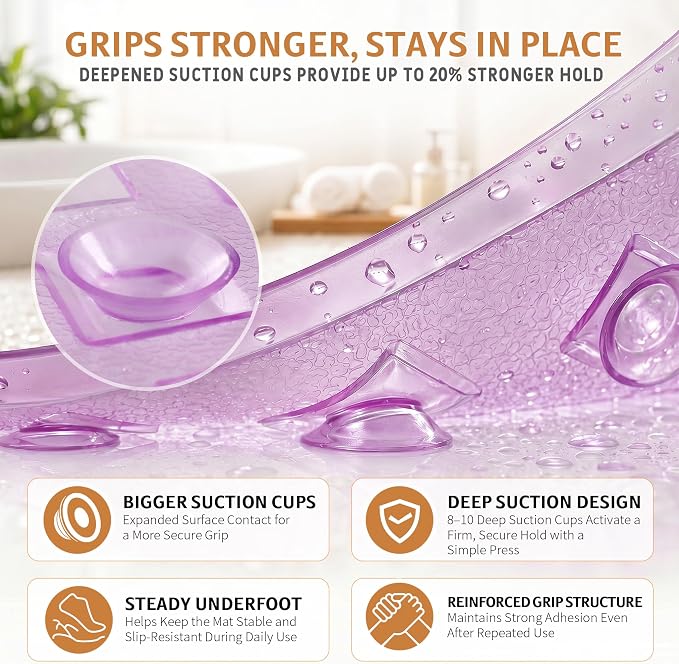 Yimobra Bathtub Mat Non Slip, Shower Mat with Strong Suction Cups & Drain Holes, 28"X16", Anti Slip Bath Tub Mat for Inside Shower, Machine Washable Fast Drying, Bathroom Essentials, Clear Purple