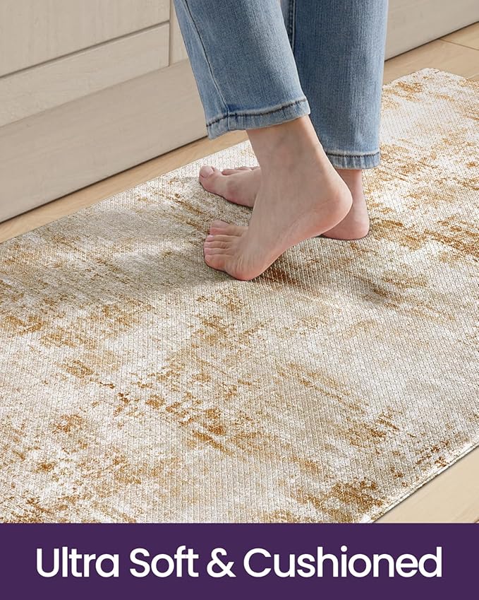 DEXI Kitchen Mats Cushioned Anti Fatigue, 23x86 Floor Padded Runner Rug Non Slip, Waterproof Standing Comfort Memory Foam for Front Sink Laundry, Light Brown