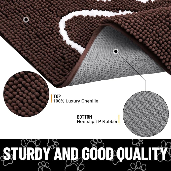 Smiry Dog Door Mat for Muddy Paws, Absorbent Dirt Trapper Non Slip Quick Dry Washable Chenille Mat for Mud Dogs, Entry Rug for Indoor and Outdoor (45x27 Inches, Brown and White)