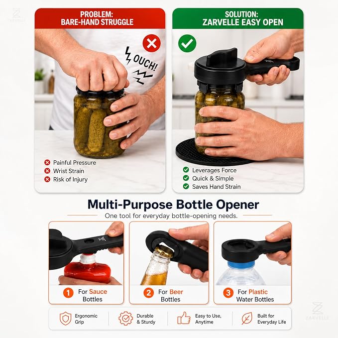 Jar Opener for Seniors with Arthritis, Easy Grip Adjustable Lid & Bottle Opener Set with Non-Slip Silicone Pad & Stainless Steel Hook, Black
