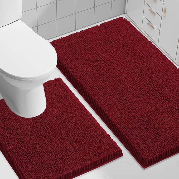 Smiry Bathroom Rugs Set 2 Piece, Soft Absorbent Chenille Bath Mat and U-Shaped Toilet Rug Set, Non Slip Shaggy Bath Carpet for Tub, Shower and Floor (30x20+24x20, Red)