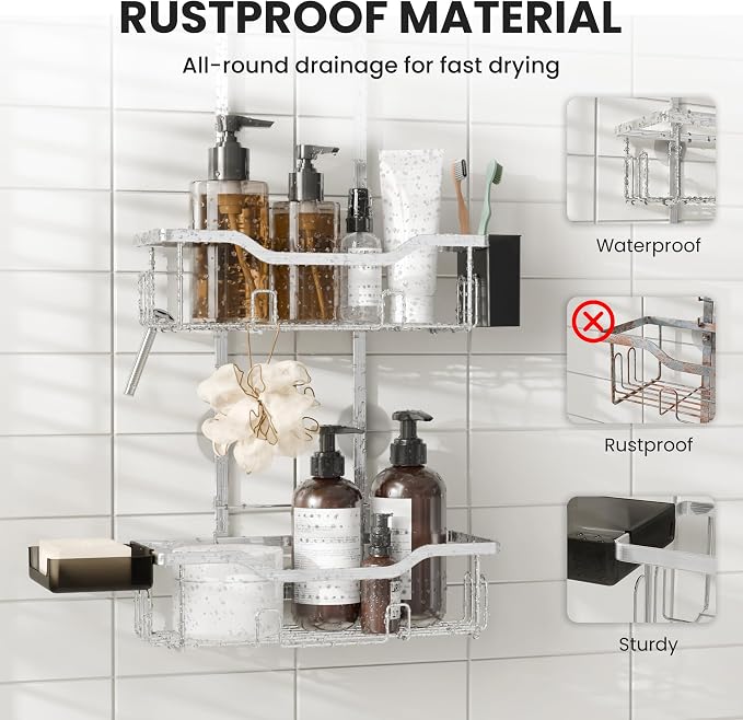 Shower Caddy Hanging 2-Tier Shower Organizer for Tall Showerhead,Rustproof Over Shower Head Rack,No Drill Bathroom Shower Caddy with Soap Dish,Toothbrush Holder and Hooks,Silver