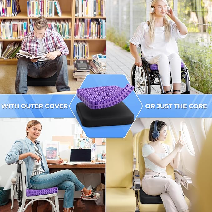 TushGuard Gel Seat Cushion for Long Sitting, Enlarged & Thickened Patent Design, Breathable Cooling for Office Chair, Soft Car Seat Cushion for Wheelchair (Standard, Black)