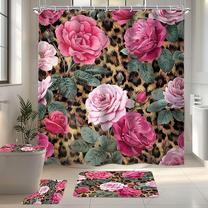 4 PCS Leopard Print Flower Shower Curtain Set 72Wx72H,Toilet Lid Cover,Non-Slip Rugs and U-Shaped Mat, Pink Cheetah Bathroom Sets with Rugs Shower Accessories 12 Hooks for Bathroom Decor