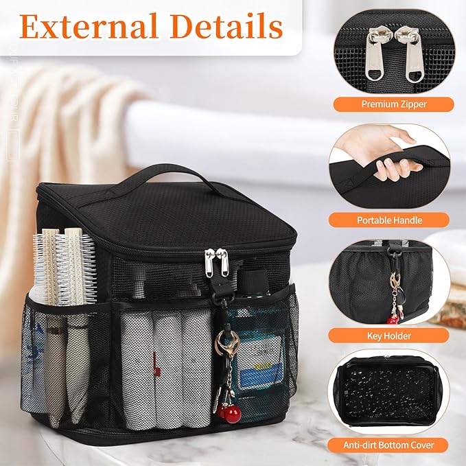 CUBETASTIC Shower Caddy Portable Mesh Shower Tote for Bathroom, Gym, Travel, Camping - Quick Dry Hanging Organizer Toiletry Bag with Handle for College Dorm Room, Men & Women