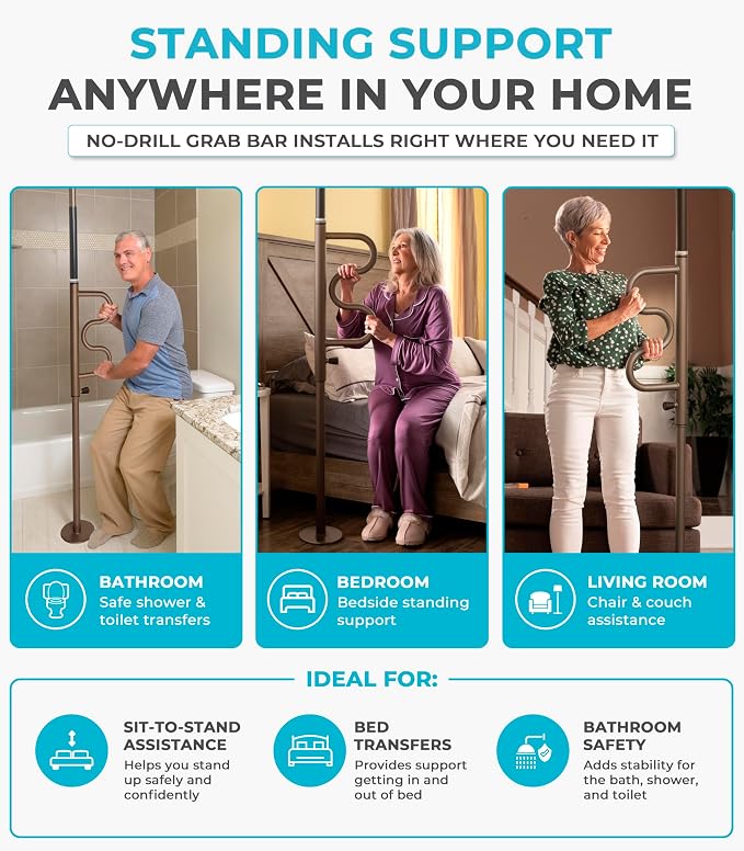 Stander Wonder Pole Plus with Rotating Double Grab Bar, Tension Mounted Security Pole for Seniors & Elderly Adults, No-Drill Floor to Ceiling Transfer Pole for Home & Bath Safety, Bronze
