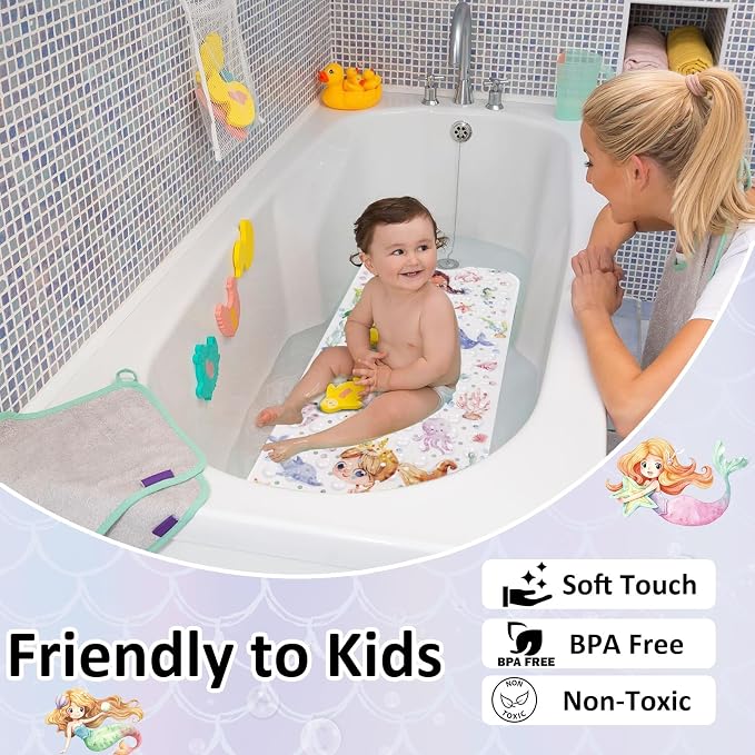 Topotdor Baby Bath Mat, Cartoon Bath Mat for Tub Non Slip Kids, 40x16 Inch Extra Long Toddler Bathtub Mat with Drain Holes & Suction Cups, Machine Washable Anti-Slip Shower Mat, Mermaid