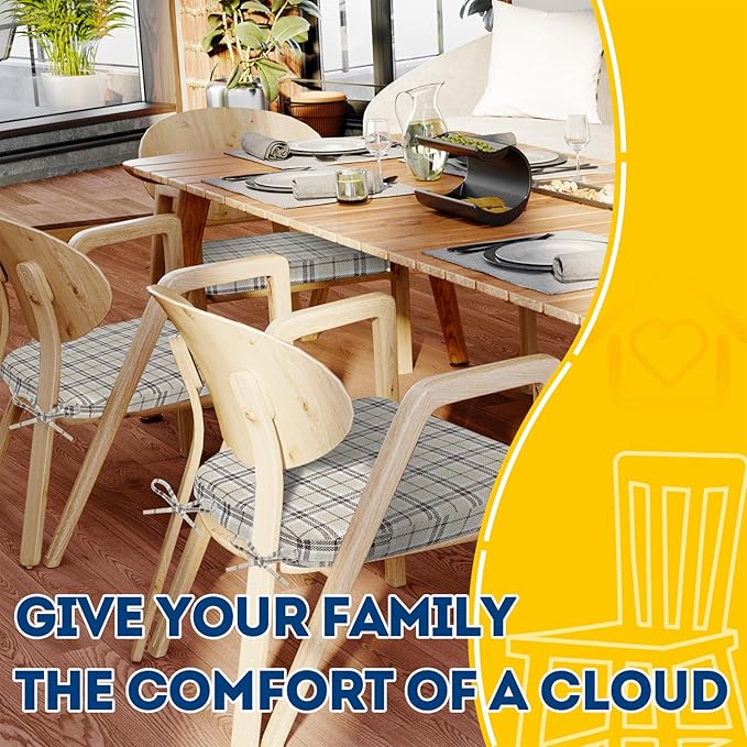 AAAAAcessories D-Shaped Chair Cushions, 2" Thick Dining Chair Pads with Ties and Removable, Machine-Washable Cover, 17" x 16", Set of 2, Tan Plaid