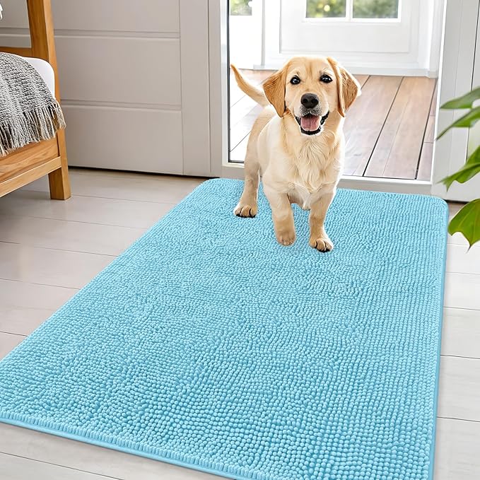 OLANLY Dog Door Mat for Muddy Paws 44x32, Absorbs Moisture and Dirt, Absorbent Non-Slip Washable Doormat, Quick Dry Chenille Mud Mat for Dogs, Entry Indoor Entryway Carpet for Inside Floor, Blue