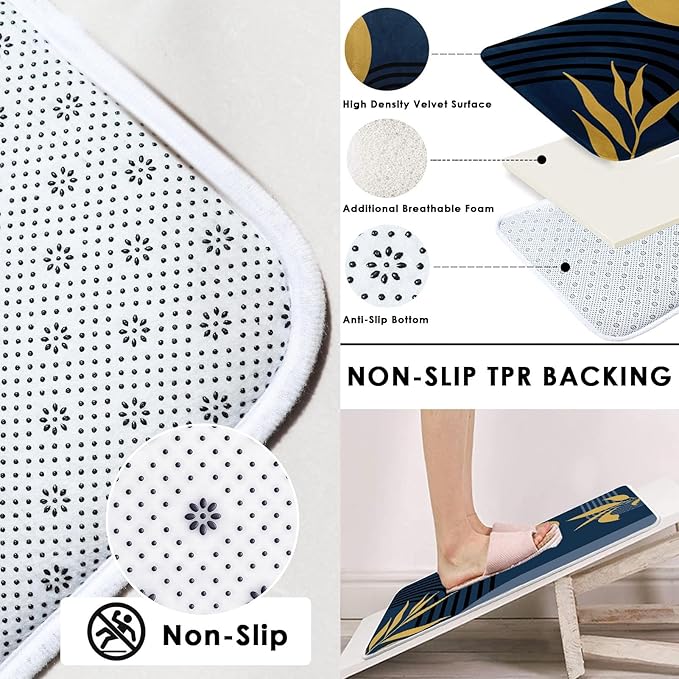 Boho Mid Century Shower Curtain Set with Toilet Lid Cover and Non-Slip Rugs, Abstract Geometric Dark Blue 4 Pcs Modern Minimalist Shower Curtain for Bathroom Set with 12 Hooks