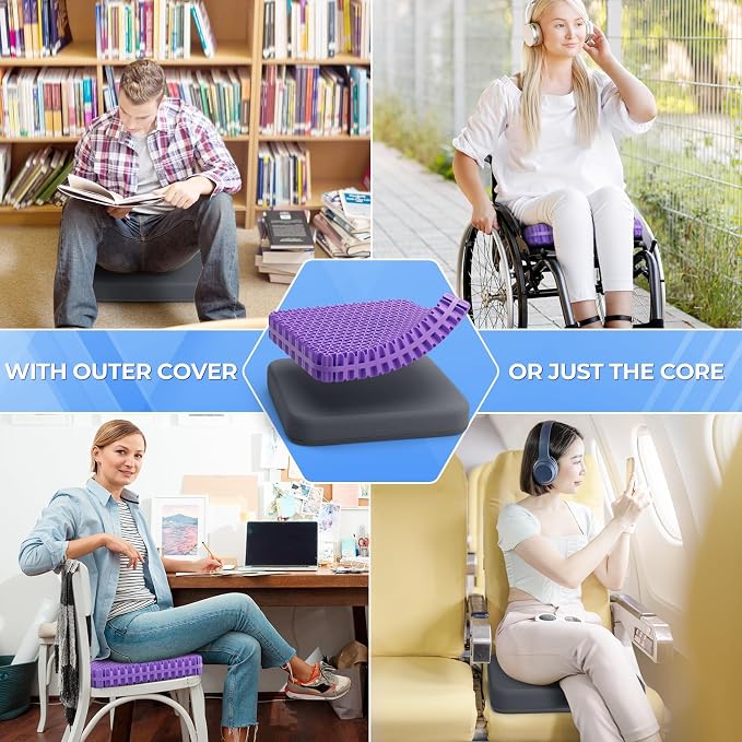 TushGuard Gel Seat Cushion for Long Sitting, Enlarged & Thickened Patent Design, Breathable Cooling for Office Chair, Soft Car Seat Cushion for Wheelchair (Standard, Grey)