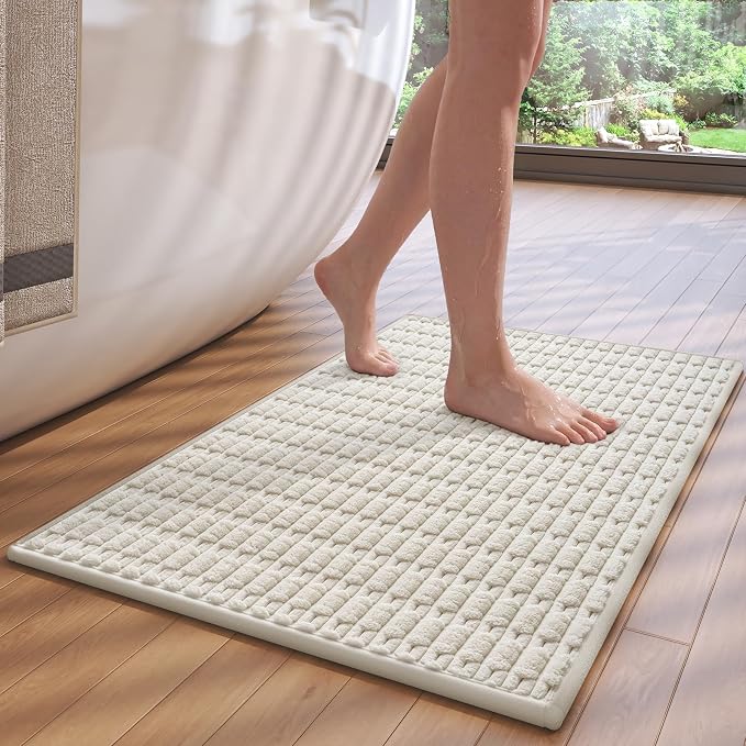Non-Slip Bath Mat with Rubber Backing, Washable Thin Bath Mats for Bathroom Floor, Absorbent Bathroom Rugs, Quick Dry, Fits Under Door Beige 20x32