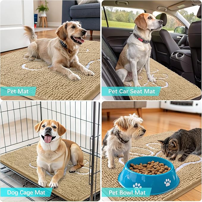 OLANLY Dog Door Mat for Muddy Paws 30x20, Paw Print Design, Absorbs Moisture and Dirt, Absorbent Non-Slip Washable Doormat, Quick Dry Chenille Mud Mat for Dogs, Entry Indoor Entryway Carpet, Beige