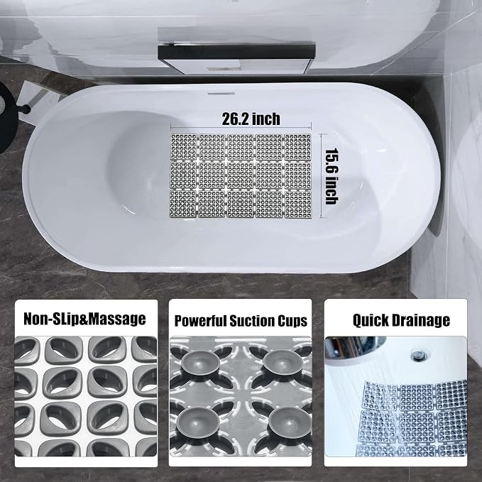 Non Slip Shower Mat for Bathtub with Strong Suction Cups | Quick-Dry Drain holes.Firm Yet Elastic Surface Massages Feet.Boosts Circulation.Sticks to Wall to Dry,Folds.26.2"x15.6" Gray