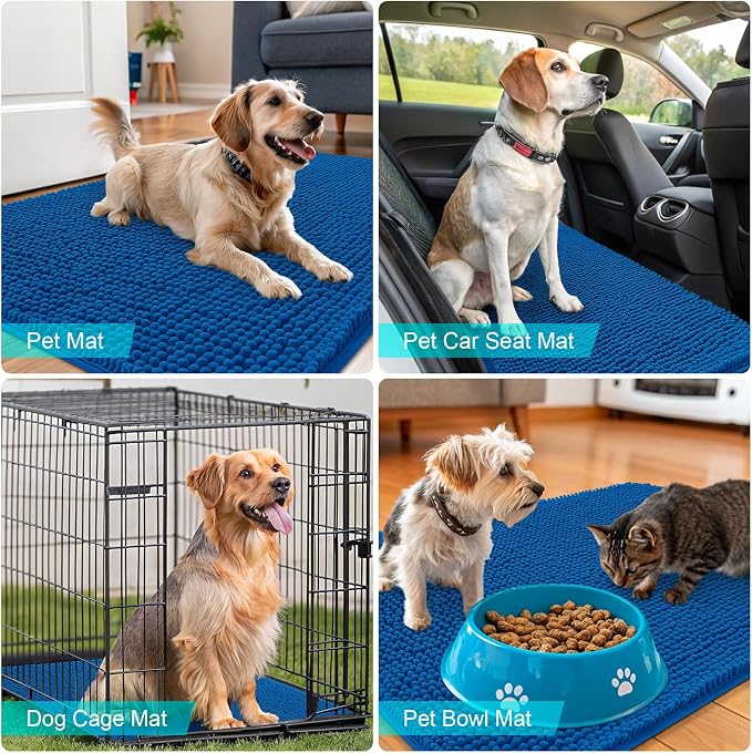 OLANLY Dog Door Mat for Muddy Paws 30x17, Absorbs Moisture and Dirt, Absorbent Non-Slip Washable Doormat, Quick Dry Chenille Mud Mat, Entry Indoor Entryway Carpet for Inside Floor, Deep Navy Blue
