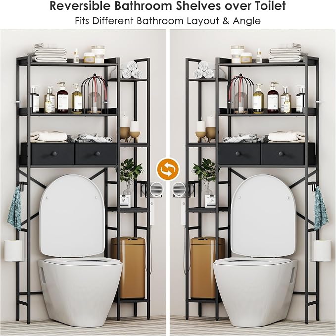 Over The Toilet Storage Shelf with Drawers, 7 Tier Above Toilet Bathroom Organizer Rack with Adjustable Shelves, Space Saver Stand Behind Toilet with Paper Holder & Hooks for Laundry, Black