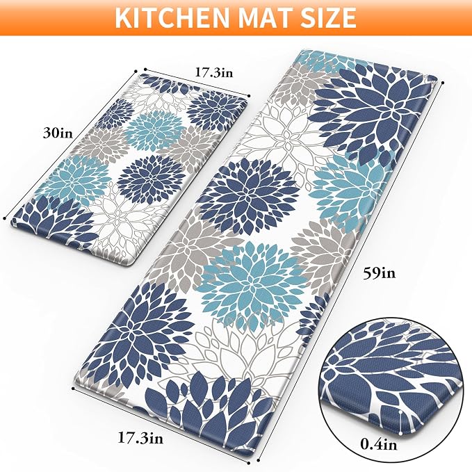 StepLively Kitchen Mats for Floor, Anti Fatigue Mats for Kitchen Floor, Kitchen Decor and Accessories Non Slip Washable Mats Set of 2 for Sink, Office, Laundry, 17.3"×30"+17.3"×59", Blue and White