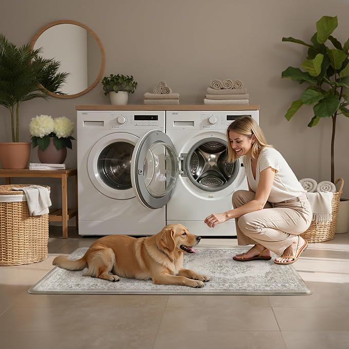 PureCozy Kitchen Mats 2PCS Anti Fatigue Cushioned Mat Beige Vintage Kitchen Mats for Floor Waterproof Non Slip Comfort Standing Medallion Floral Rug for Sink Laundry Office 17.3"x47"+17.3"x30"