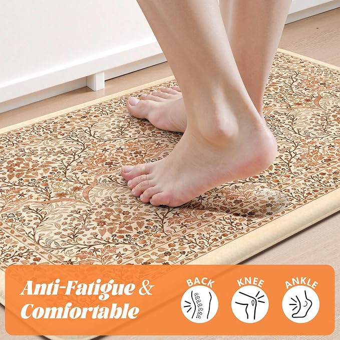 Collive Fall Kitchen Mats Cushioned Anti Fatigue, Vintage Floral Kitchens Rugs Set of 2 Brick Red Non Slip Floor Carpet, Waterproof Sink Mat Foam Comfort Standing Rug for Home Decoration