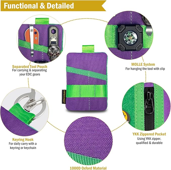 VIPERADE VE15 Small EDC Pouch, Pocket Organizer, EDC Pocket Pouch with DIY Patches Area, EDC Pocket Organizer Wallet for Cards, Small Tool Pouch for EDC Gears