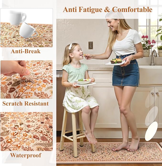 Collive Fall Orange Floral Kitchen Mats, Cushioned Anti Fatigue Kitchens Rugs Set of 2 Non Slip Desk Mats, Waterproof Sink Mat Comfort Standing Rug for Home Office Decoration