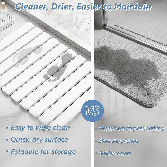 AWW Foldable Stone Bath Mat, Quick Dry Diatomaceous Earth Bath Mat with Non-Slip Mat, Super Absorbent, Easy to Clean, Compact for Small Bathrooms, 23.6 x 15.5, White
