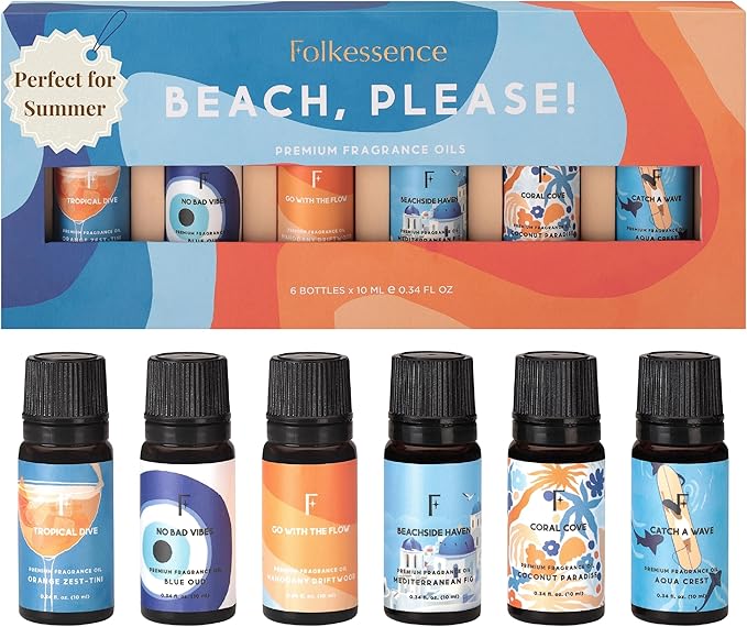 Folkulture Beach Essential Oil Set of 6 | Summer Essential Oils for Diffusers for Home, Humidifiers, Aromatherapy | Neroli, Grapefruit Fragrance Oil for Diffuser, Candle, Soap Making - Summer Vibes