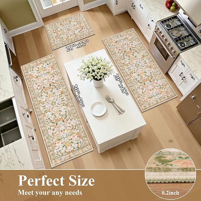 HEBE Boho Kitchen Rugs Sets of 3, Non Slip Washable Kitchen Mats for Floor, Farmhouse Kitchen Carpet Runner Rug Set for Sink, Stove, Laundry Room & Hallway