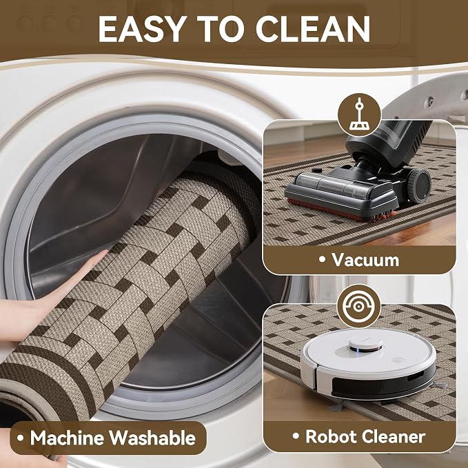 Kitchen Mats for Floor, 17''x30''+17''x47''Kitchen Rugs Set of 2, Washable Absorbent Non Slip Kitchen Mat, Braided Kitchen Runner Rug, Kitchen Sink Rug, Brown