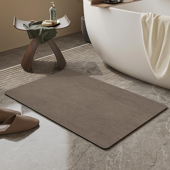 Mecko Bath Mat, Ultra Absorbent Quick Dry Bathroom Floor Mats-Rubber Non-Slip Thin Bathroom Rug Fit Under Door, Faux Suede Surface Shower Rug for Bathtub, Sink, Shower Room(Brown,16"x24")