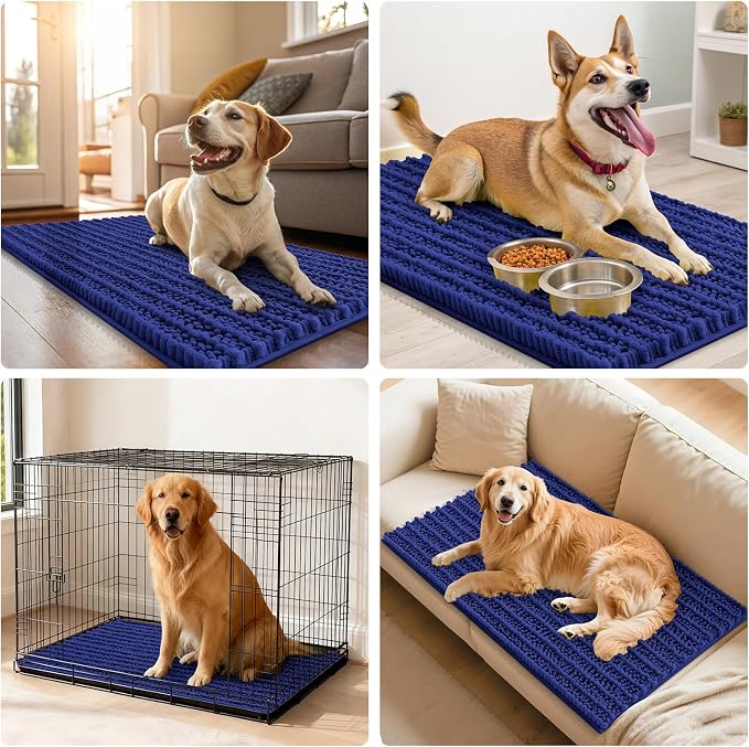 Smiry Dog Door Mat for Muddy Paws 59x24, Absorbent Dirt Trapper, Non-Slip Washable Chenille Entryway Rug for Inside Floor, Navy Blue, Layered Pattern