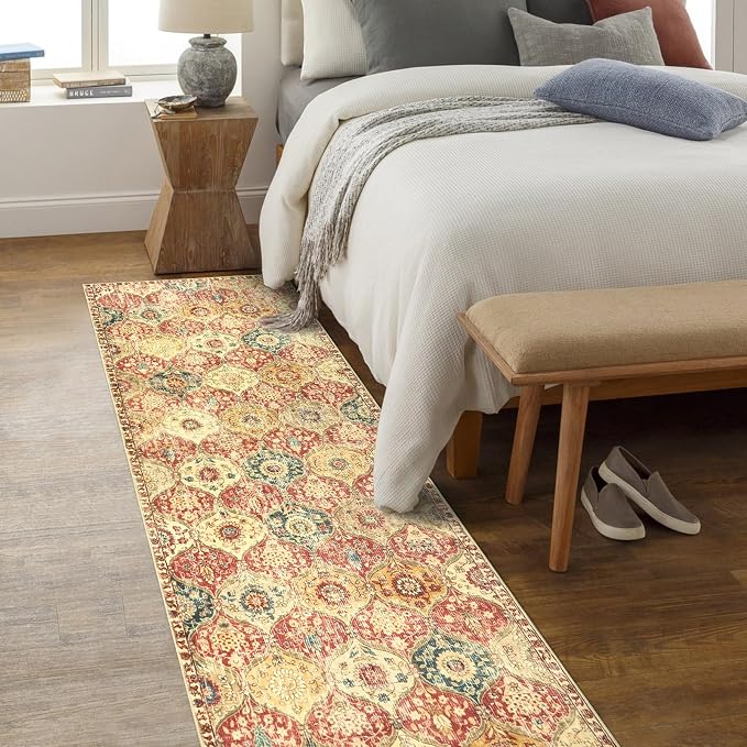 Lahome Moroccan Hallway Rug, 2'5''x8' Kitchen Runner Rugs Non Skid Washable Runners for Hallways, Ultra-Thin Oriental Carpet for Entryway Laundry Room Bedroom Bathroom Elise, Red/Orange