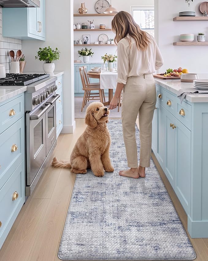 DEXI Kitchen Mats Cushioned Anti Fatigue, 23x86 Floor Padded Runner Rug Non Slip, Waterproof Standing Comfort Memory Foam for Front Sink Laundry, Blue