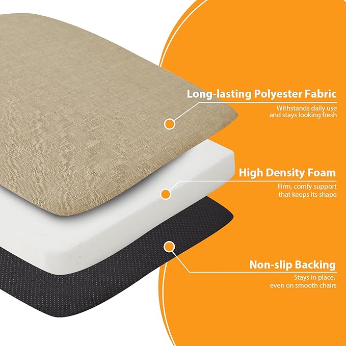 Ruqmuis Chair Cushions for Dining Chairs, 2" Thick Seat Cushions for Kitchen Chairs, D-Shaped Chair Pads with Washable Cover, Ties and Non Slip Backing, 17'' x 16'', Set of 4, Khaki