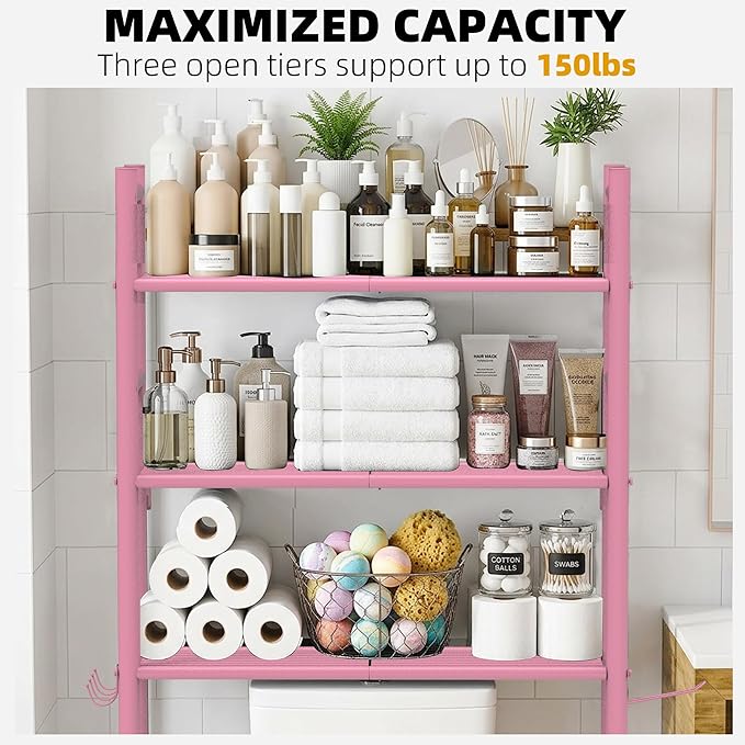 GloTika 3-Tier Over Toilet Storage with Anti-Tilt Safety System - 150lb Total Capacity Metal Bathroom Shelves Including Paper Holder & 4 Hooks, Space Saving Above Commode Organizer (64" H, Pink)
