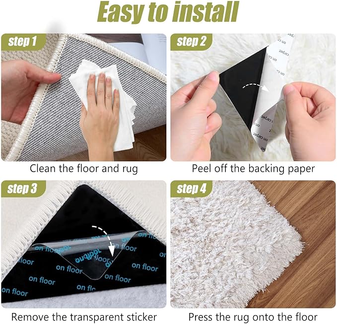 16 Pcs Rug Tape, Non Slip Carpet Tape for Hardwood Floors, Double-Sided Adhesive Rug Stickers Keep Corners Flat, No Residue/BPA-Free
