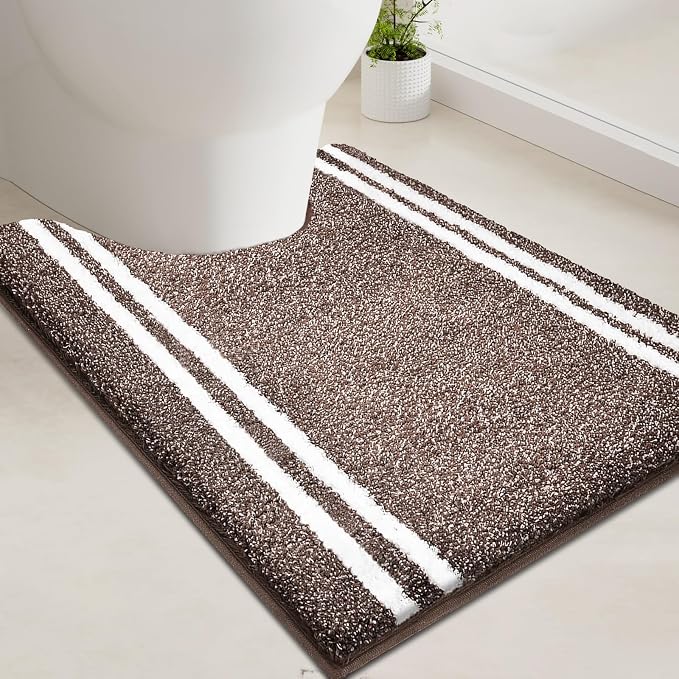 PURRUGS Bathroom Rug Non-Slip Machine Washable 20" x 24" U-Shaped, Super Absorbent and Quick Dry Shaggy Microfiber Bath Mat, Extra Soft and Plush Contour Rug for Toilet Base, Brown