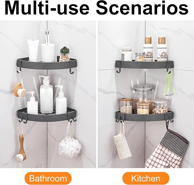 DUFU Adhesive Corner Shower Caddy with Hooks,Bathroom Shower Organizer, No Drilling Rust Proof Aluminum Shower Shelf for Inside Shower 2 Pack (Grey)
